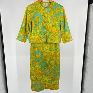 Vintage 60s Dynasty Hong Kong 2 Piece Dress Jacket Set Chinoiserie Print M